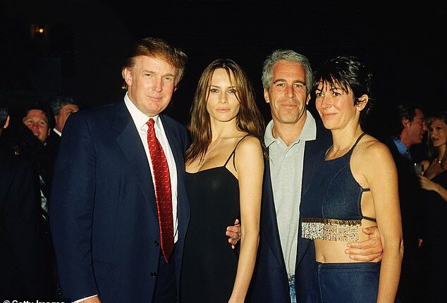 Donald Trump and his girlfriend (and future wife), model Melania Knauss, financier Jeffrey Epstein, and British socialite Ghislaine Maxwell at the Mar-a-Lago Club, Palm Beach, Florida, February 12, 2000
