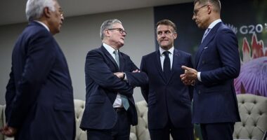 Sir Keir Starmer and other European leaders set themselves on a collision course with Donald Trump last night after rejecting the US President¿s peace plan to end the war in Ukraine. Pictured left to right: European Council President Antonio Costa, Keir Starmer, French President Emmanuel Macron and Finnish President Alexander Stubb