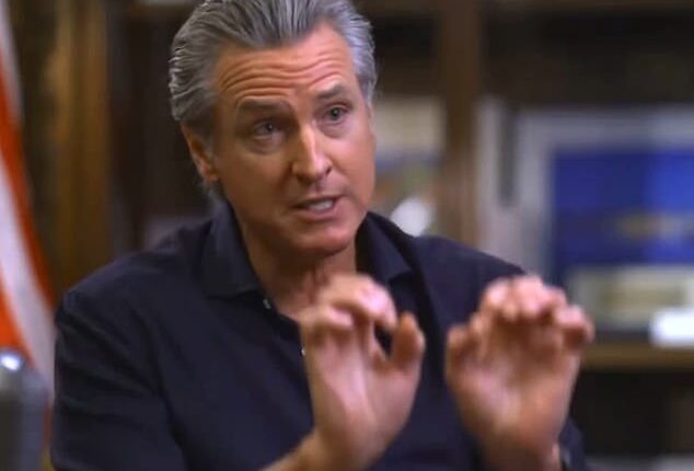 Gavin Newsom raised eyebrow with his overly expressive hand gestures during an interview with ABC