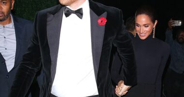 Prince Harry held Meghan's hand as he led her into the lavish James Bond-themed birthday party on Saturday night - but pictures of them with Kris Jenner and Kim Kardashian inside were posted online and then deleted