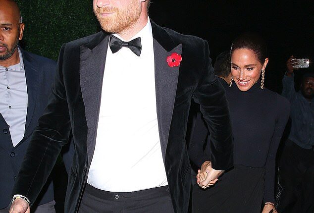 Prince Harry held Meghan's hand as he led her into the lavish James Bond-themed birthday party on Saturday night - but pictures of them with Kris Jenner and Kim Kardashian inside were posted online and then deleted