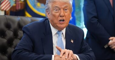 President Donald Trump speaks during a meeting with the White House task force on the 2026 FIFA World Cup in the Oval Office of the White House, Monday, November 17, 2025. He noted during the appearance how he lost his voice after yelling about a trade deal