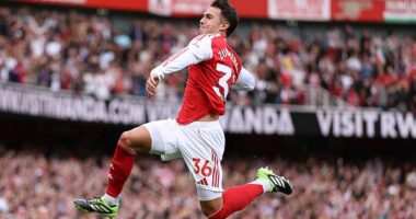 Martin Zubimendi celebrates his goal against Nottingham Forest earlier in the season. The Spaniard is thought of as a holding midfielder but he's influencing games in an attacking way