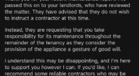 The tenant of a furnished apartment received this email from their real estate agent, informing them that the landlord refused to repair the supplied washing machine