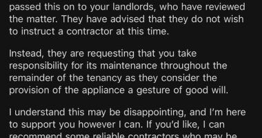 The tenant of a furnished apartment received this email from their real estate agent, informing them that the landlord refused to repair the supplied washing machine