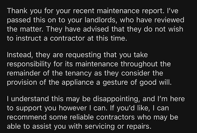 The tenant of a furnished apartment received this email from their real estate agent, informing them that the landlord refused to repair the supplied washing machine