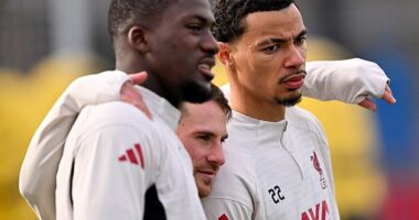 Ibrahima Konate (left) has shared how he attempted to motivate his Liverpool team-mate and compatriot Hugo Ekitike (right)