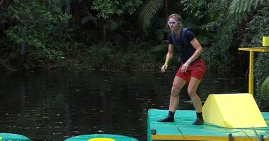 Vogue Williams suffered a nasty tumble as she took on the latest Bushtucker trial in scenes set to air on Saturday's episode of I'm A Celebrity