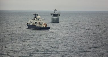A photograph supplied by the Royal Navy showing the RFA Proteus monitoring Russian ship Yantar in November, 2024