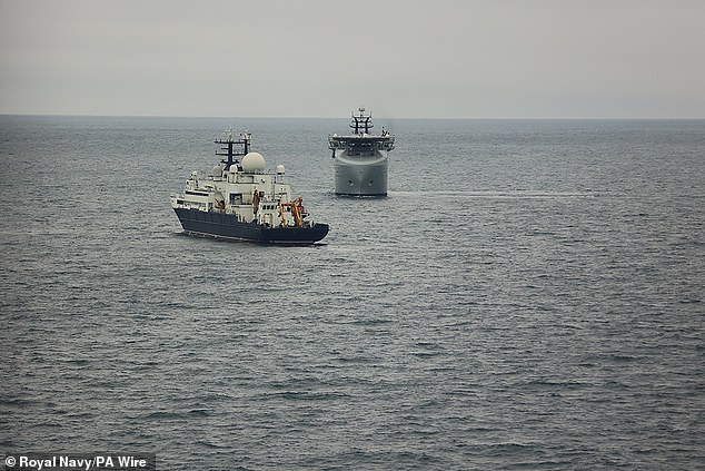 A photograph supplied by the Royal Navy showing the RFA Proteus monitoring Russian ship Yantar in November, 2024