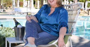 Jan Moir, enjoying "As Ever" sparkling wine at The Four Seasons Hotel