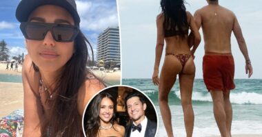 Jessica Alba rocks thong bikini on beach with Danny Ramirez