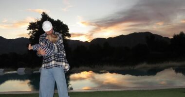 Justin Bieber kissed his mini-me son Jack Blues while poolside at his $16.6 million seven-bedroom mansion located inside The Madison Club in La Quinta, California on Thursday