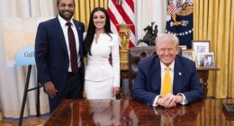 DOJ leaders complained to the White House about Kash Patel's early celebration of a foiled Halloween terror plot. Here he is seen with partner Alexis Wilkins and the President in February