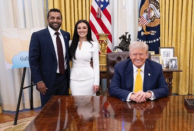 DOJ leaders complained to the White House about Kash Patel's early celebration of a foiled Halloween terror plot. Here he is seen with partner Alexis Wilkins and the President in February