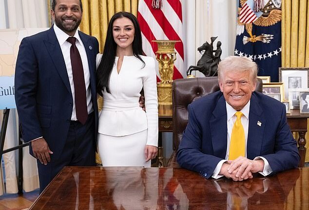 Kash Patel and his girlfriend Alexis Wilkins, with President Donald Trump in the Oval Office