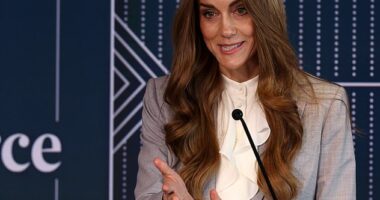 The Princess of Wales' Royal Foundation Centre for Early Childhood, which she founded in 2021, has announced a new research project looking at technology impacts parent-child relationships (The royal pictured this week while giving a speech at the Future Workforce Summit at Salesforce Tower in London)
