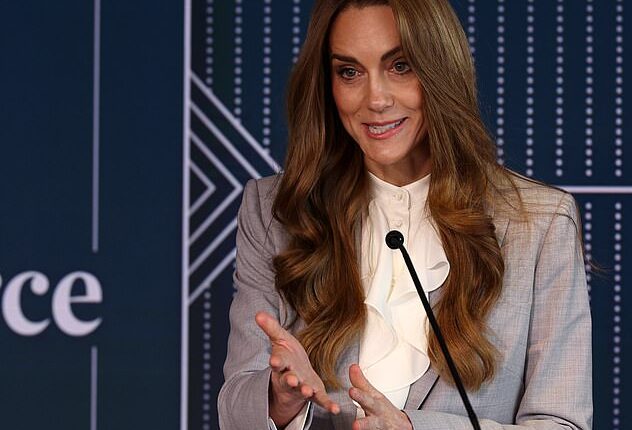 The Princess of Wales' Royal Foundation Centre for Early Childhood, which she founded in 2021, has announced a new research project looking at technology impacts parent-child relationships (The royal pictured this week while giving a speech at the Future Workforce Summit at Salesforce Tower in London)