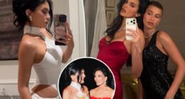 Kylie and Kendall Jenner wear hip cutout looks and skintight satin gowns at mom Kris Jenner’s 70th ‘James Bond’ themed birthday party.