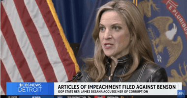 Michigan Secretary of State Jocelyn Benson speaks at a press conference after a GOP lawmaker filed articles of impeachment against her.