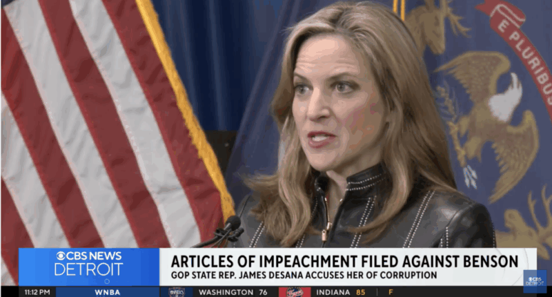 Michigan Secretary of State Jocelyn Benson speaks at a press conference after a GOP lawmaker filed articles of impeachment against her.
