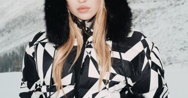 Lila Moss, 23, looked effortlessly chic in black and white as she headed to the Swiss Alps to launch H&M & Perfect Moment's après-ski collection