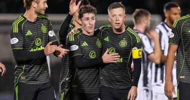 Luke McCowan celebrates with match-winner Callum McGregor after a 1-0 win over St Mirren