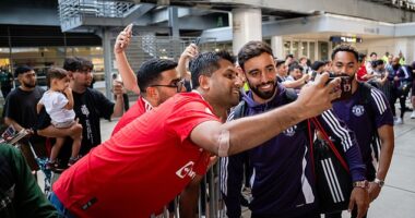 Bruno Fernandes and his United team-mates arrive in Chicago ahead of the club's pre-season tour of the USA in the summer