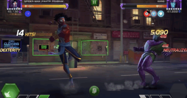 A screenshot from Marvel Contest of Champions featuring Spider-Man (Pavitr Prabhakar) battling Kang.