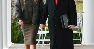 Melania Trump looked ready to get out of rainy Washington on Tuesday morning while she joined her husband, President Donald Trump as he granted ceremonial pardons on two turkeys - a White House tradition that has been happening for many decades