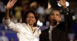 Michelle Obama made the startling admission about her husband's career while opening up about the all-white ensemble she wore at the Democratic National Convention in 2004 (pictured at the event)