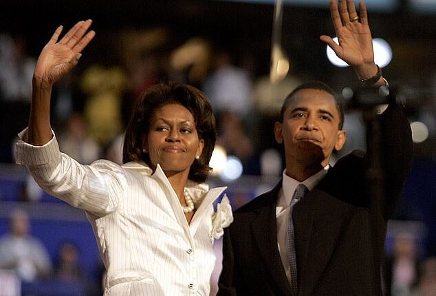 Michelle Obama made the startling admission about her husband's career while opening up about the all-white ensemble she wore at the Democratic National Convention in 2004 (pictured at the event)