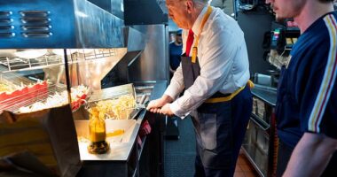 Donald Trump works behind the counter during a visit to McDonalds in Feasterville-Trevose, Pennsylvania, U.S. October 20, 2024