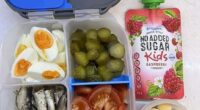 A mum has divided parents online after sharing a photo of her sons' 'after swimming' lunchboxes - packed with boiled eggs, cut-up pickles, sardines, sliced tomatoes, raspberry yoghurt and macadamias