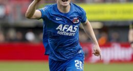AZ Alkmaar's Kees Smit celebrates a goal during the Eredivisie match against Sparta Rotterdam. He has been compared to Pedri by Netherlands head coach Ronald Koeman