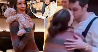 Pete Davidson and Elsie Hewitt kiss at their baby shower