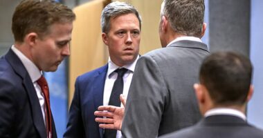 US Secretary of the Army Daniel Driscoll speaks with US staff after a closed-door talks with the Ukrainian delegation on a US plan to end the war in Ukraine at the US Mission in Geneva, on November 23