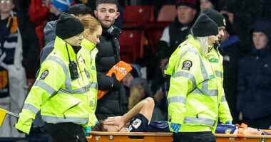 Premier League star in tears as he's taken off on a stretcher in Scotland's crucial World Cup qualifier against Denmark