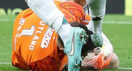 Celtic defender Auston Trusty connects with Jack Butland's head as he lies on the turf