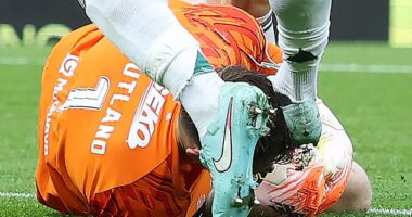 Celtic defender Auston Trusty connects with Jack Butland's head as he lies on the turf