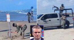 American troops pulled up on a Mexican beach in a dramatic escalation of tensions after Donald Trump threatened to bomb the country. US 'contractors' arrived by boat on Monday at Playa Bagdad, driving signs into the sand near where the Rio Grande empties into the Gulf of Mexico . Alarmed witnesses quickly alerted officials and heavily armed Mexican security personnel rushed to the scene on trucks mounted with machine guns in a terrifying standoff.