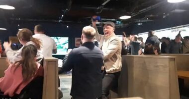 Republic of Ireland fans celebrate in Dublin Airport Sunday's dramatic 3-2 win at Hungary