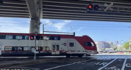 A Caltrain electric commuter train traveling beneath an overpass at a railroad crossing. As these trains approach crossings in Palo Alto, a deafening horn is blared at almost 110 decibels