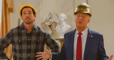 Saturday Night Live turned the White House into a construction zone this weekend as host Miles Teller, left, worked with James Austin Johnson's President Donald Trump, right