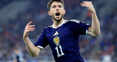 Ryan Christie celebrates after scoring Scotland's second in Greece