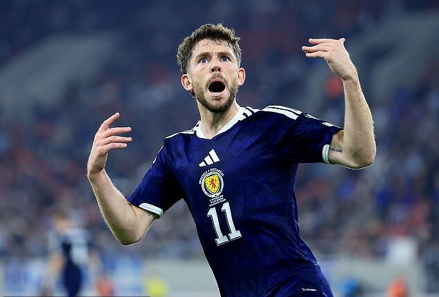 Ryan Christie celebrates after scoring Scotland's second in Greece