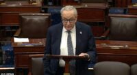 Sen. Chuck Schumer speaks on the Senate floor during a session addressing the government shutdown on Nov. 10, 2025