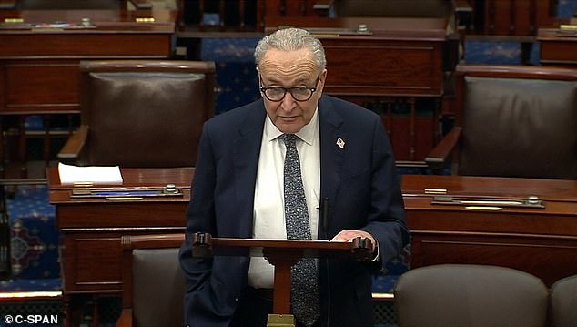 Sen. Chuck Schumer speaks on the Senate floor during a session addressing the government shutdown on Nov. 10, 2025