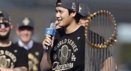 Shohei Ohtani made a rare speech in English on Monday as the Dodgers celebrated their title
