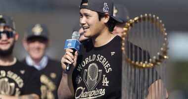 Shohei Ohtani made a rare speech in English on Monday as the Dodgers celebrated their title